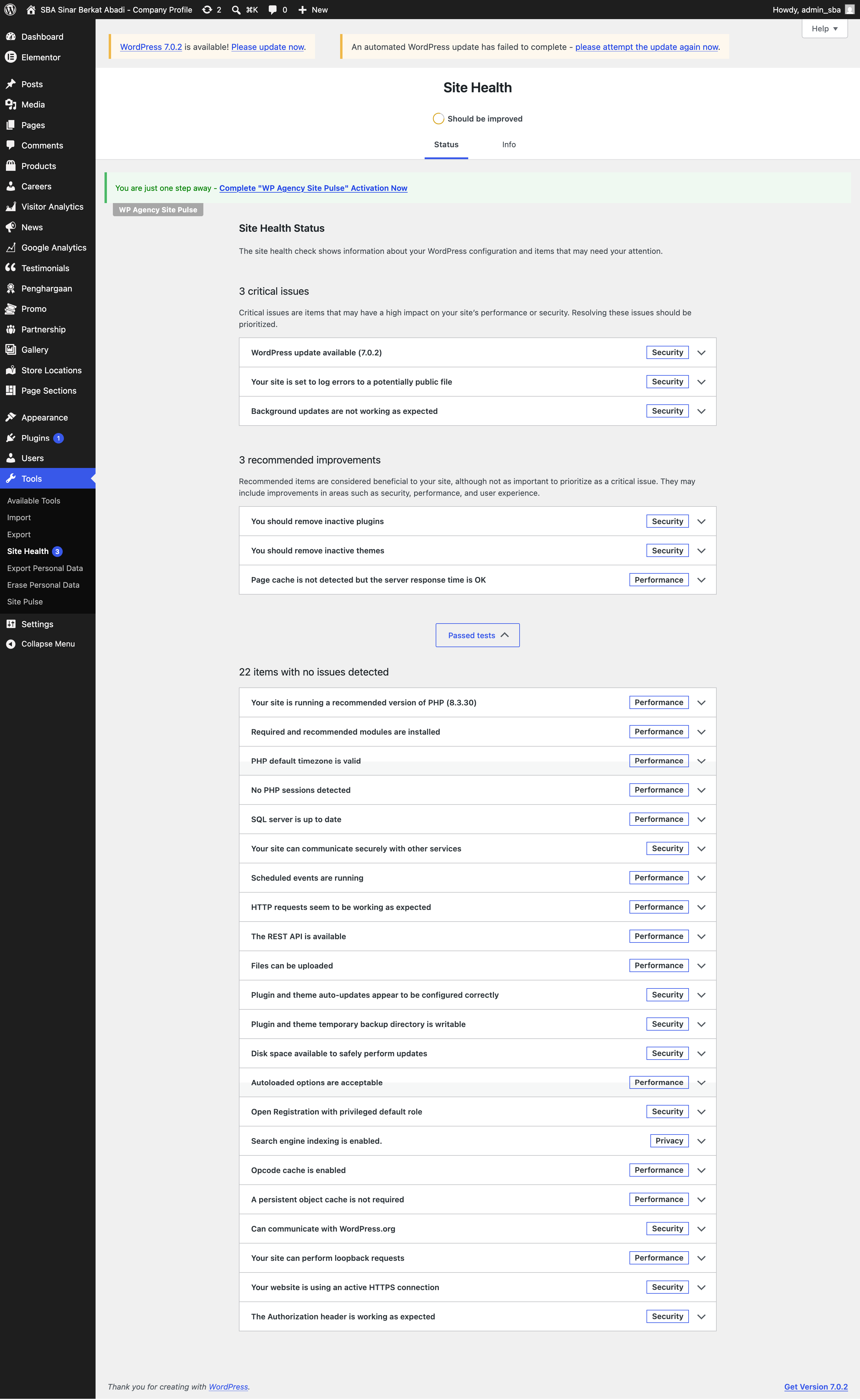 Preview site health status WP Agency Site Pulse