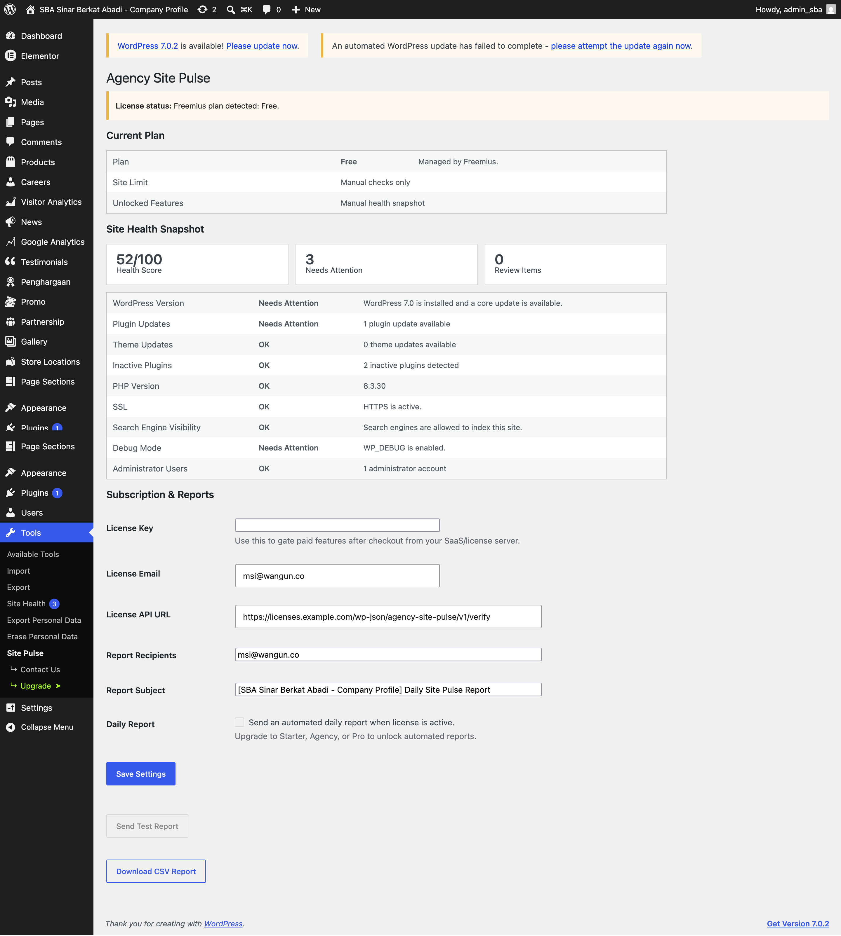 Preview plugin Agency Site Pulse di dashboard WordPress PT Sinar Berkat Abadi