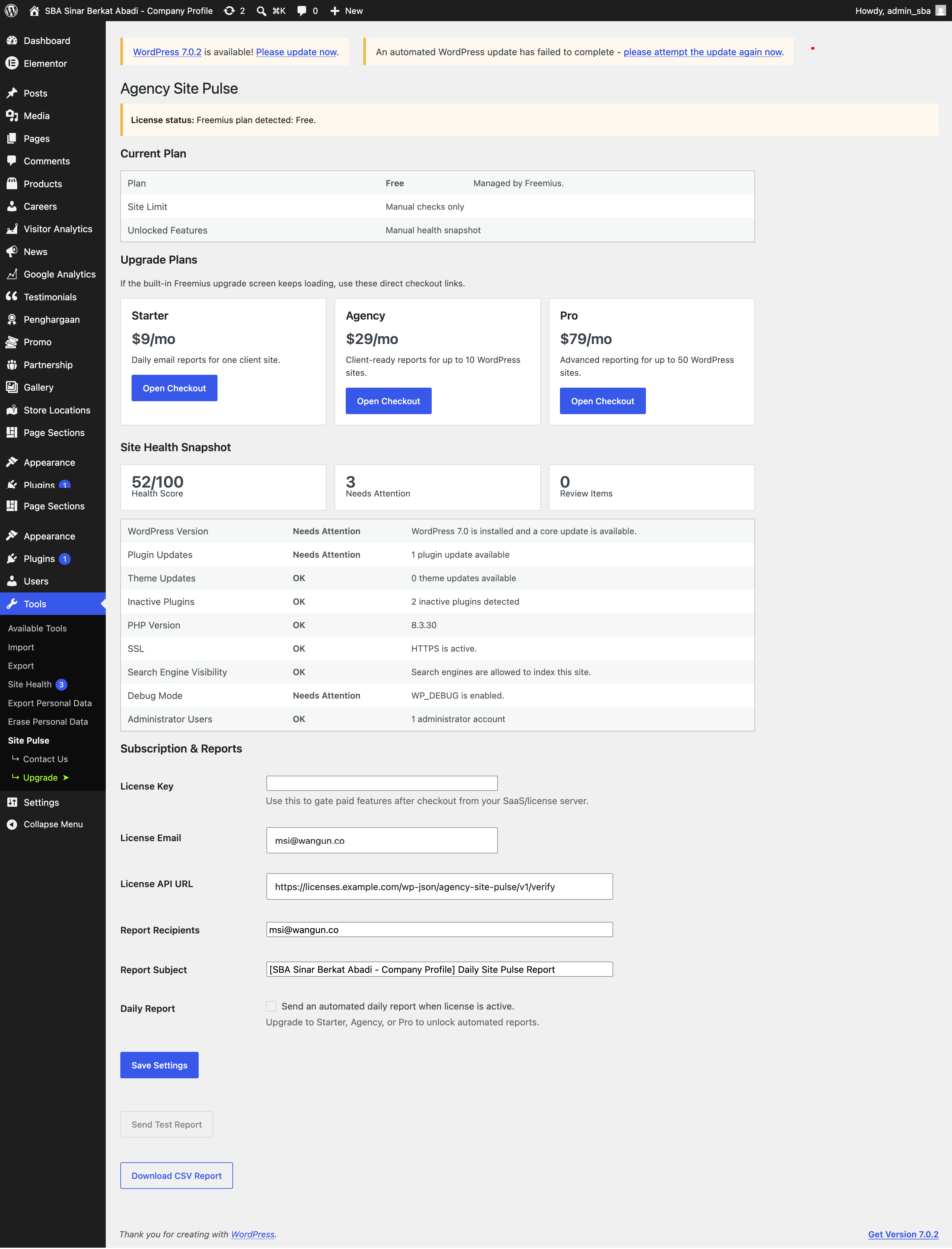 Preview upgrade plans WP Agency Site Pulse di WordPress PT Sinar Berkat Abadi