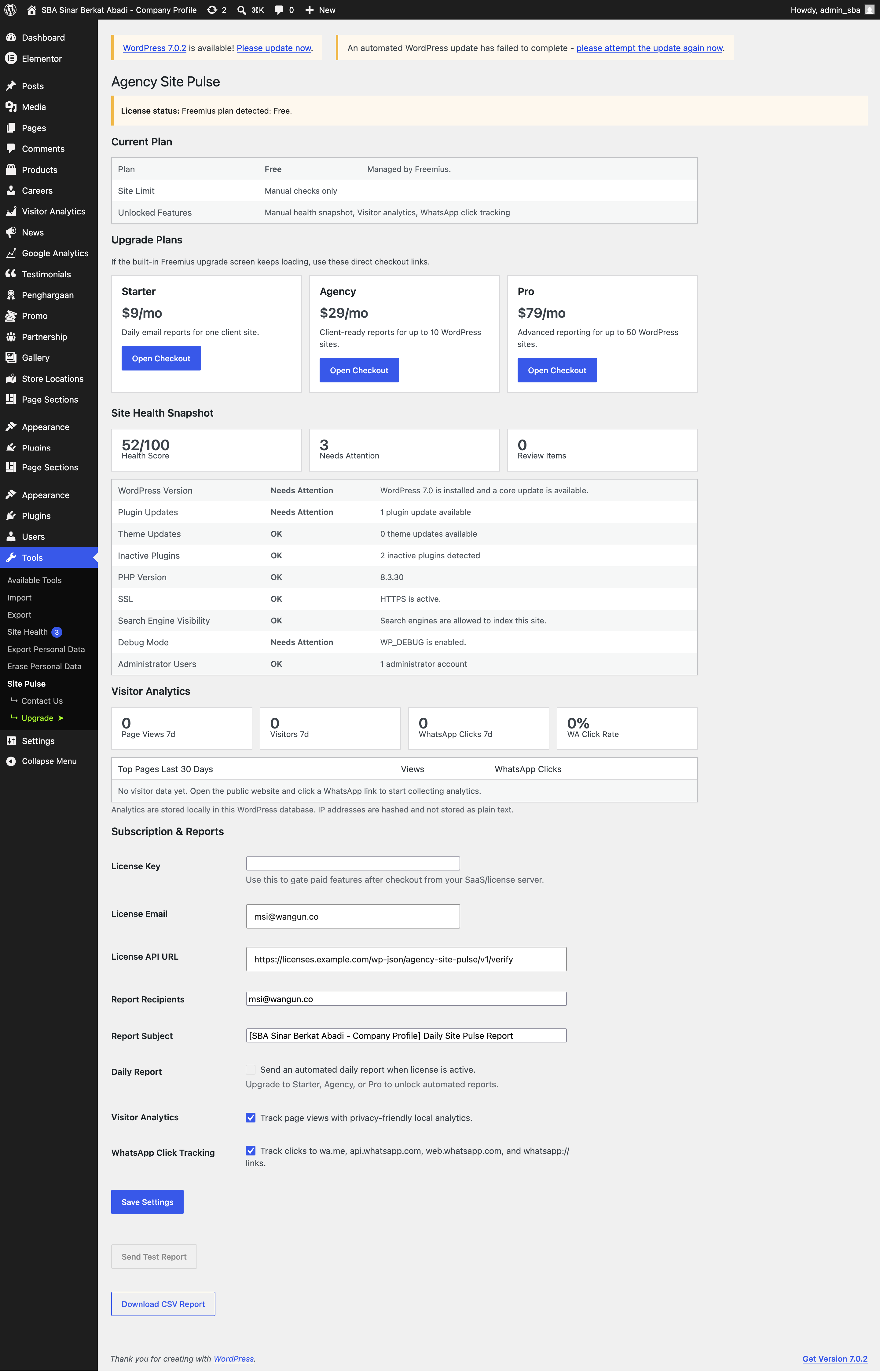 Preview fitur Visitor Analytics dan WhatsApp Click Tracking WP Agency Site Pulse versi 0.3.0